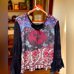 Laura G Women’s Pullover Long Sleeve V-Neck Floral Top Lace Bell Sleeves XL